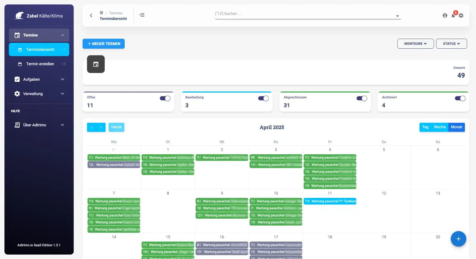 adtrimo Dashboard der Zentrale - Planung von Wartung, Service und Montage